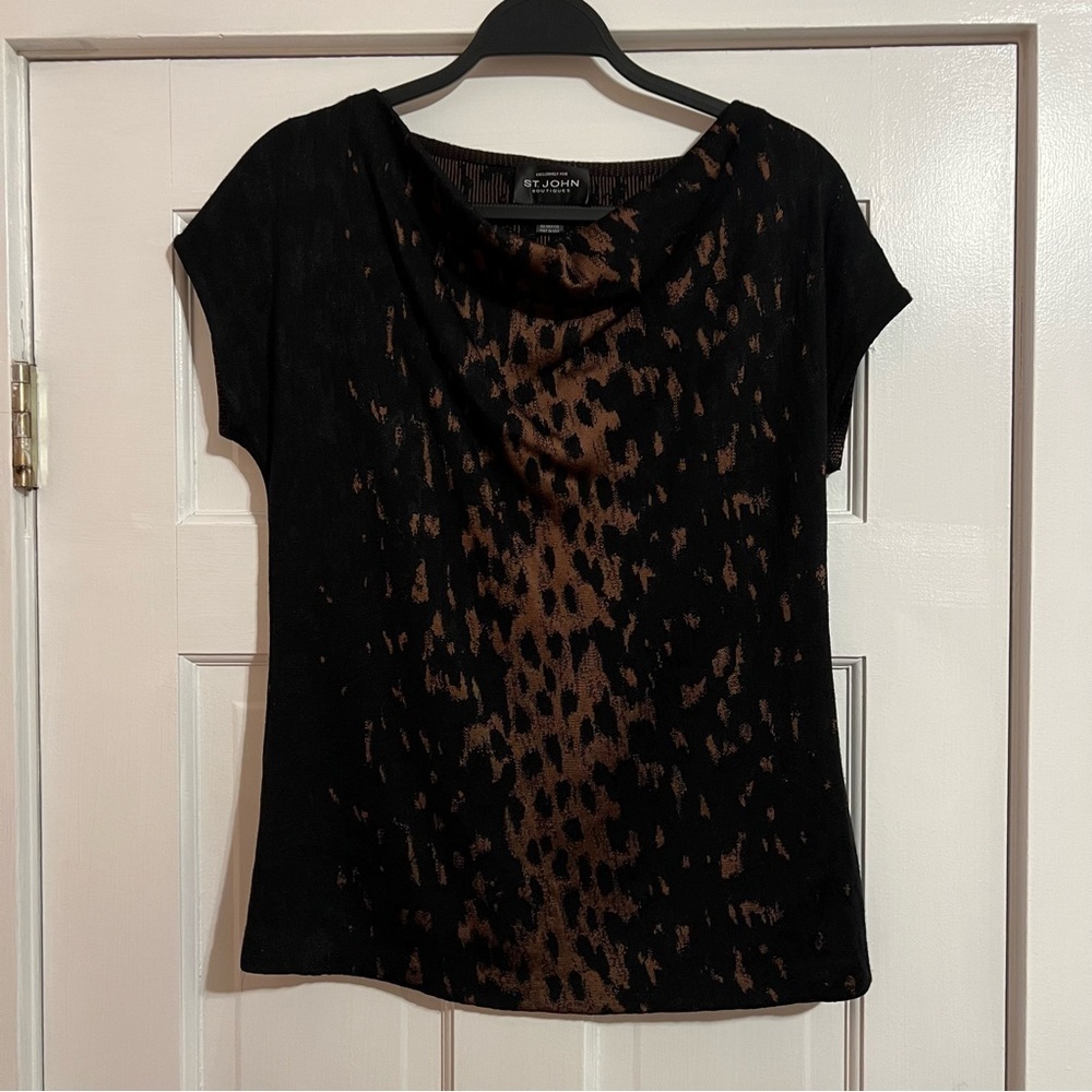 #15 ST. JOHN BLACK BROWN QUIET LUXURY CHEETAH LEOPARD PRINT BLOUSE TOP PETITE